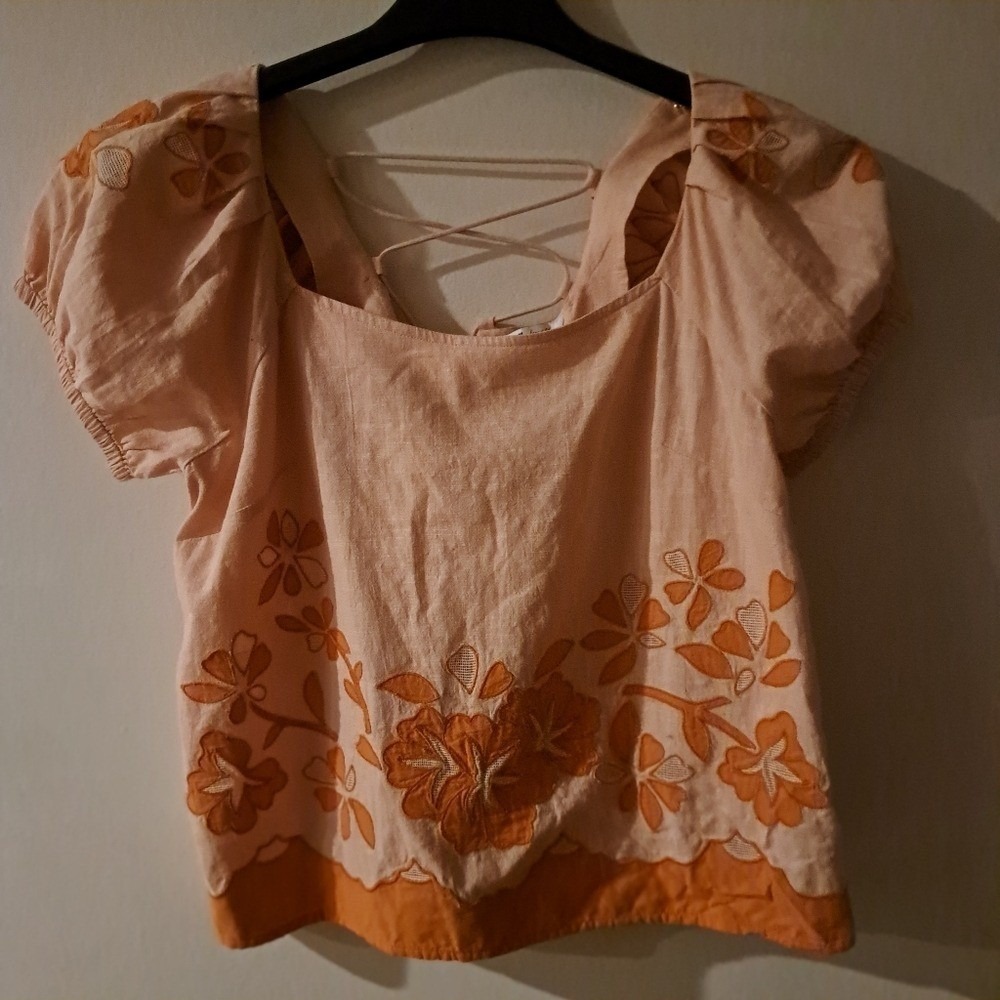 Madewell‎ Embroidered Scallop-Hem Puff-Sleeve Top NL039 Pink Mustard M - Picture 2 of 12
